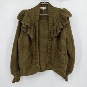 Madewell Olive Green Ruffle Cardigan Sweater Size L MA699 Open Front 100% Cotton